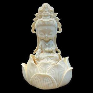 Mini GUANYIN BUDDHA Statue in Lotus Flower Small Baby -Ivory Resin-Bodhisattva